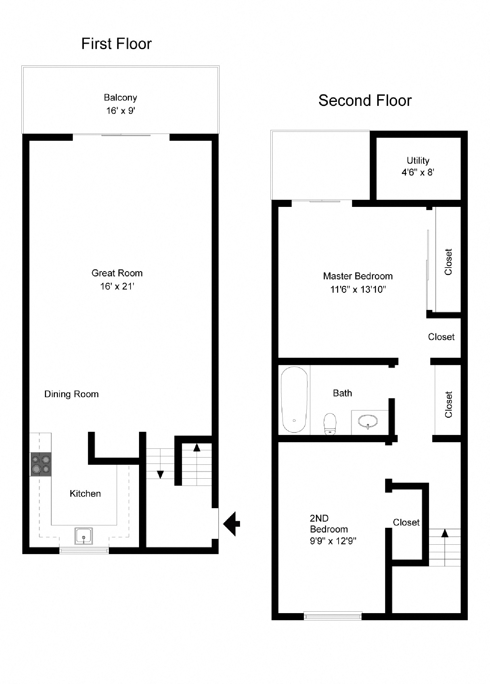 Floor plan for 2 beds, 1 bath, 960 sqft